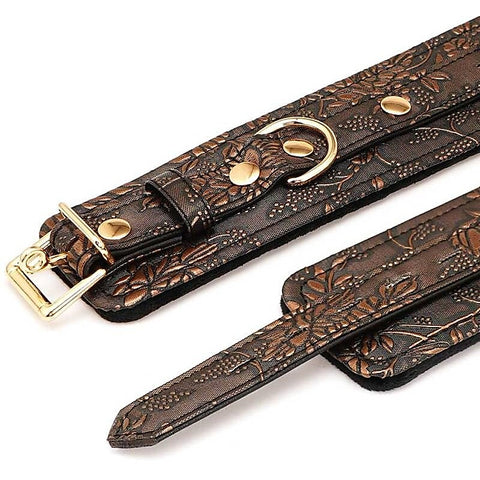 Brown Floral Print PU Ankle Cuffs by Spartacus - Cuffs and Restraints
