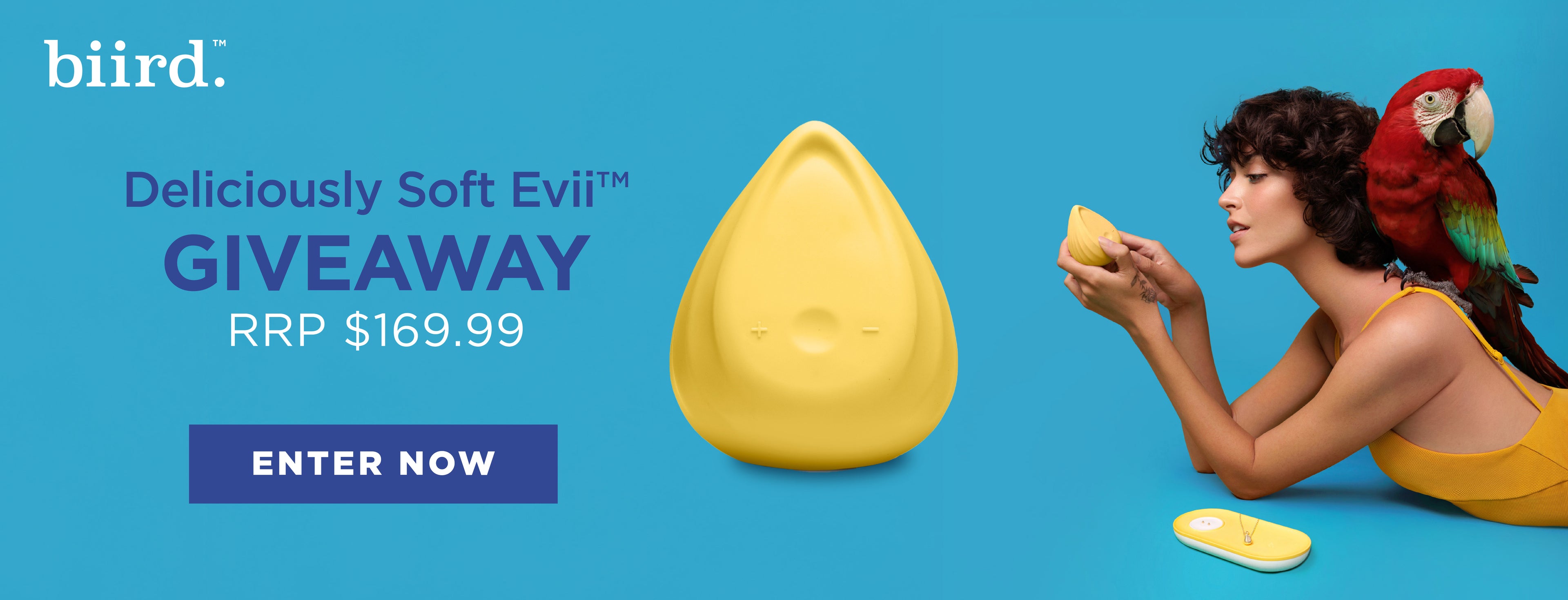 Woman holding a yellow product with a parrot, promotional banner for 'Deliciously Soft Evii' giveaway on a blue background.
