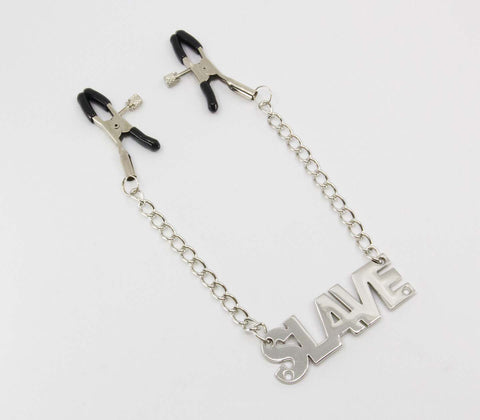 Love In Leather SLAVE Words Womens Nipple Clamps - Nipple and Clit Clamps