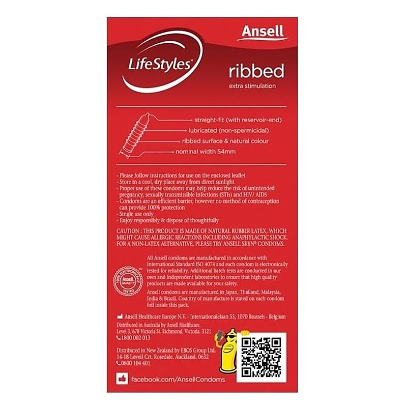 Ansell Lifestyle Ribbed Condoms 12 Pk - Condoms