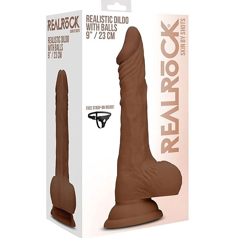 Realrock Skin Dildo with Balls Brown by Shots Toys - Realistic Dildos