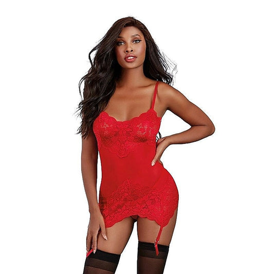Stretch Lace and Mesh Garter Slip with Matching G-String Set