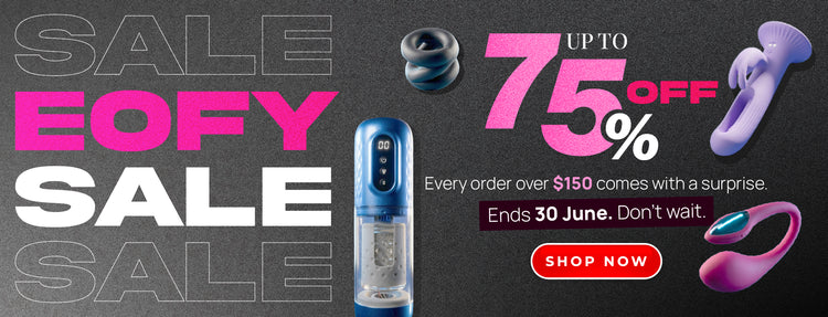 Promotional EOFY banner with sale text and product images on a dark background- UPTO 75% off