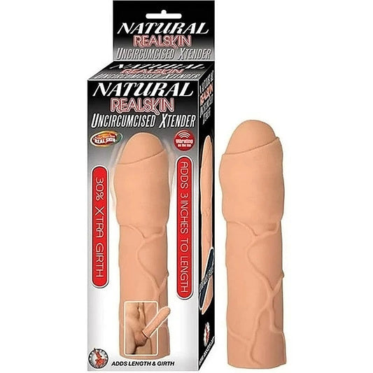 Natural Realskin Uncircumcised Penis Sleeve - Vibrating Extender for Length and Girth