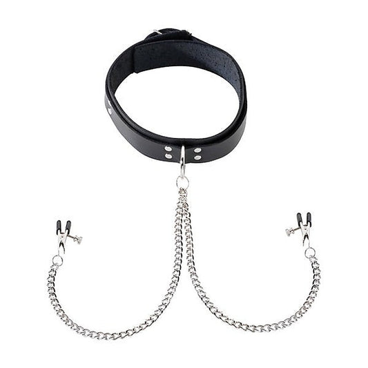 Spartacus Leather Double Strap O-Ring Collar - Broad Tip Clamps for Sensual Pleasure