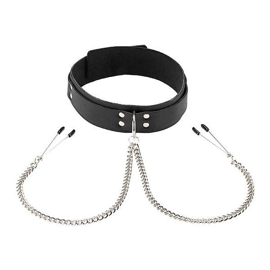 Spartacus Leather Double Strap O-Ring Collar with Tweezer Clamps