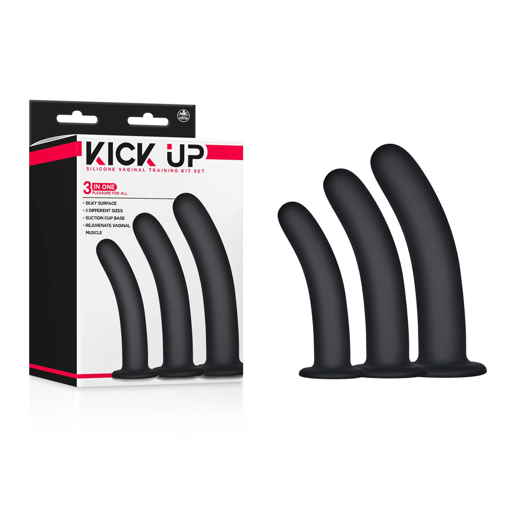 Excellent Power Kick Up Silicone Vaginal Training 3 Sizes Kit Black Pussy And Clit Toys