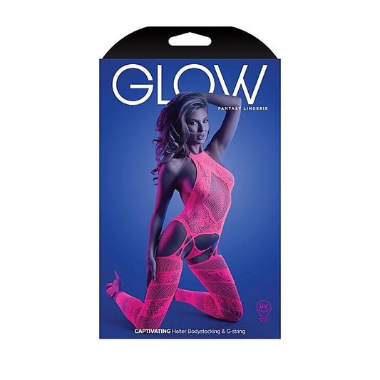 Glow Neon Pink Halter Bodystocking - Luxurious Lingerie Set - Hosiery