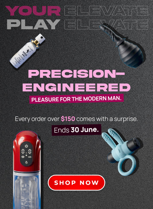 Advertisement for a product with various items on a dark background, featuring text about precision-engineered pleasure products.- Upto 75% off