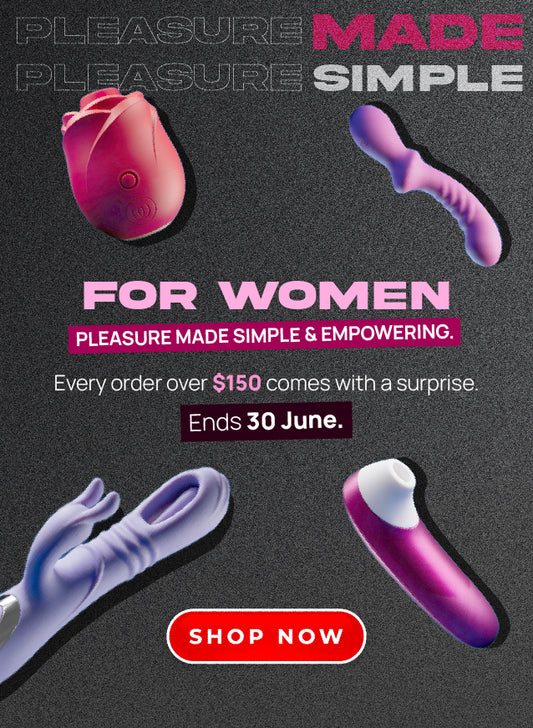Advertisement for women's pleasure products with text on a dark background- Upto 75% off