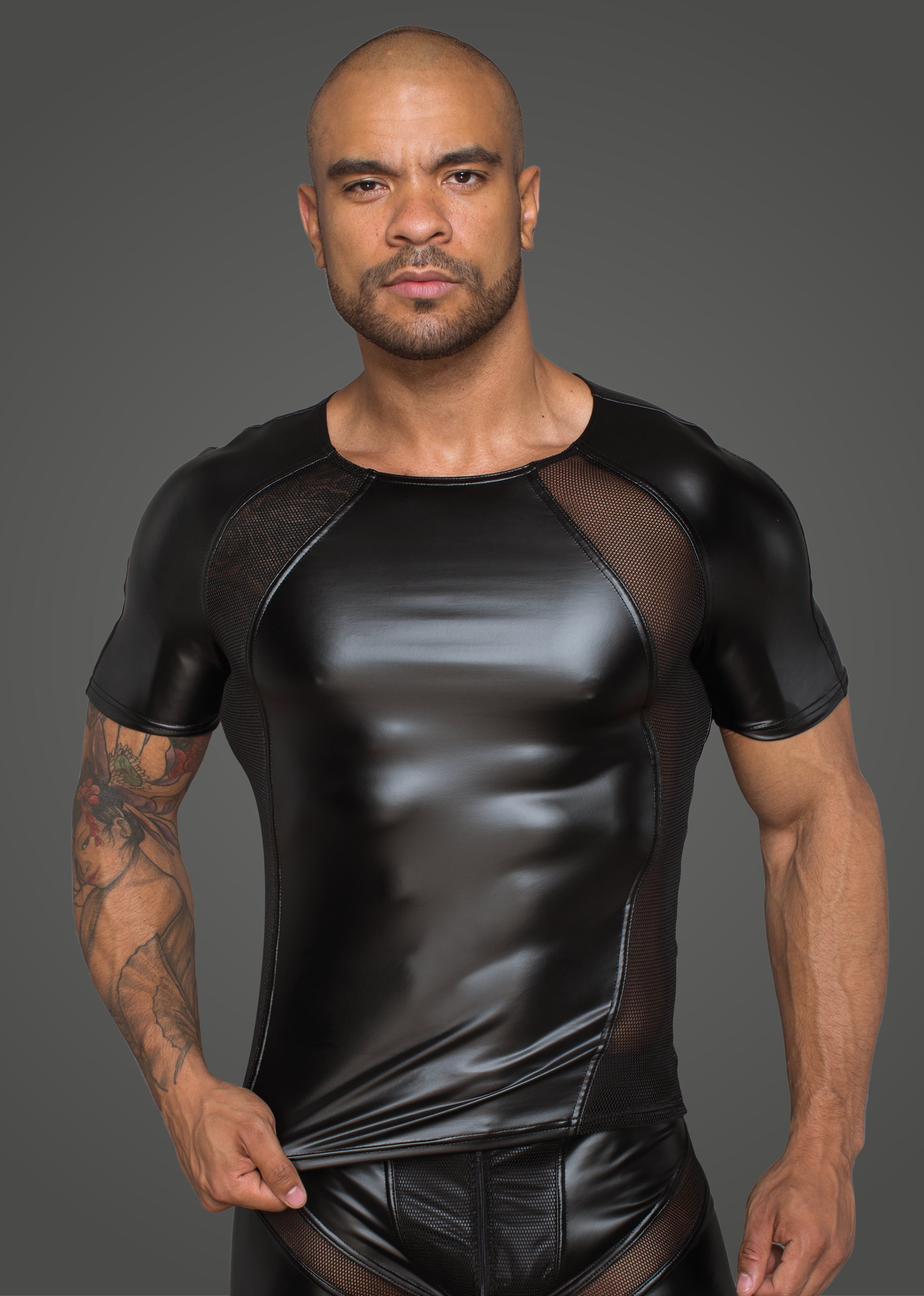 Noir Handmade Power Wetlook Men Tshirt With 3D Net His Fetish