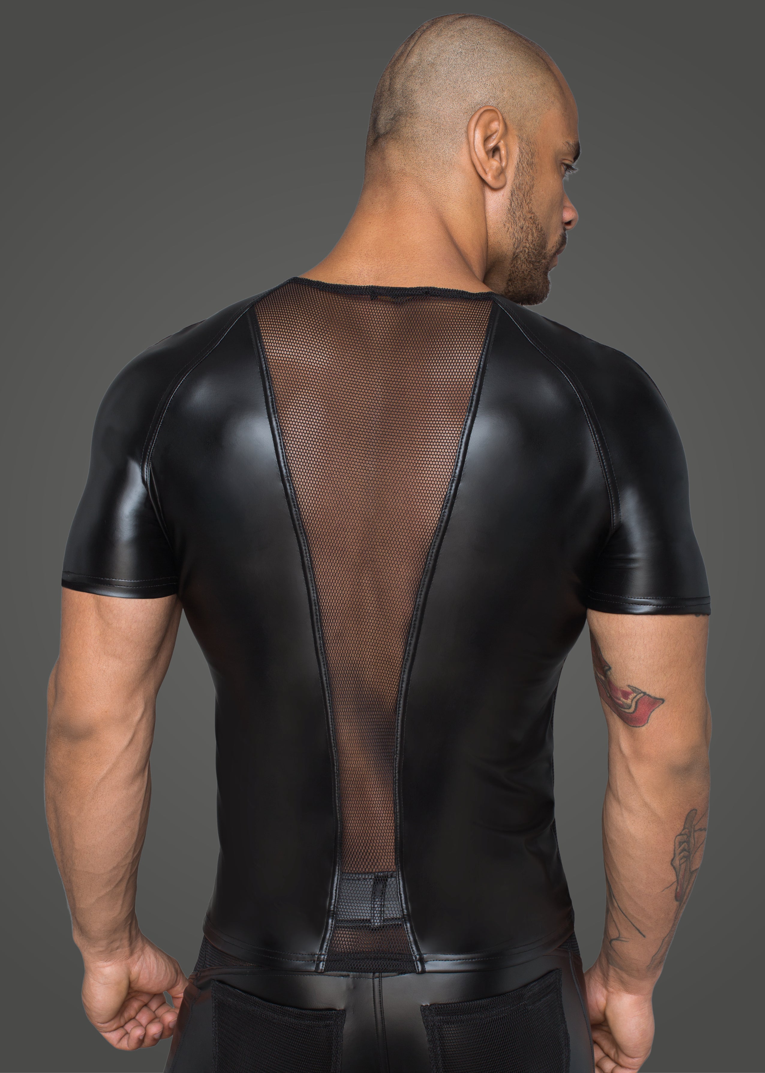 Noir Handmade Power Wetlook Men Tshirt With 3D Net His Fetish