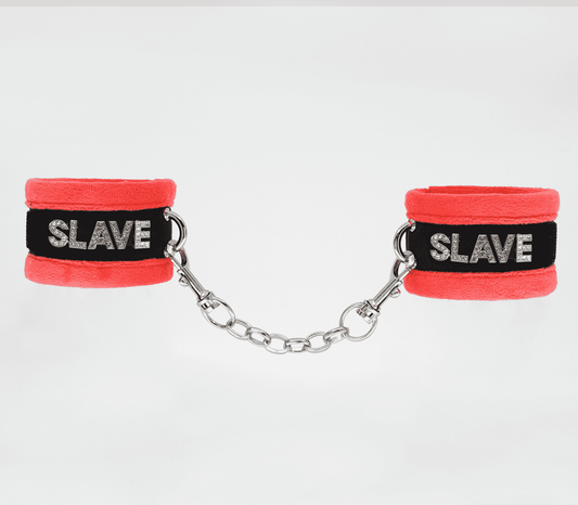 Love In Leather Fluffy Diamante SLAVE Hand Cuffs - Cuffs And Restraints