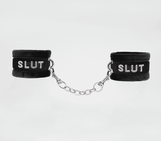 Love In Leather Fluffy Diamante SLUT Wrist Restraints - Cuffs And Restraints