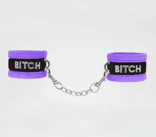 Love In Leather Diamante Bitch Fluffy Wrist Restraints - Cuffs And Restraints