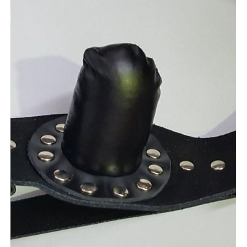 FetishFashion Leather Studded Insertable Gag Black - Bondage Gags and Bits