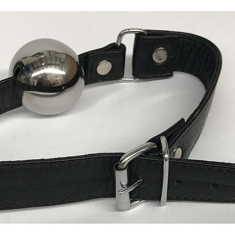 Popper Metal Ball Gag with Leather Straps by Hell's Couture - Bondage Gags and Bits