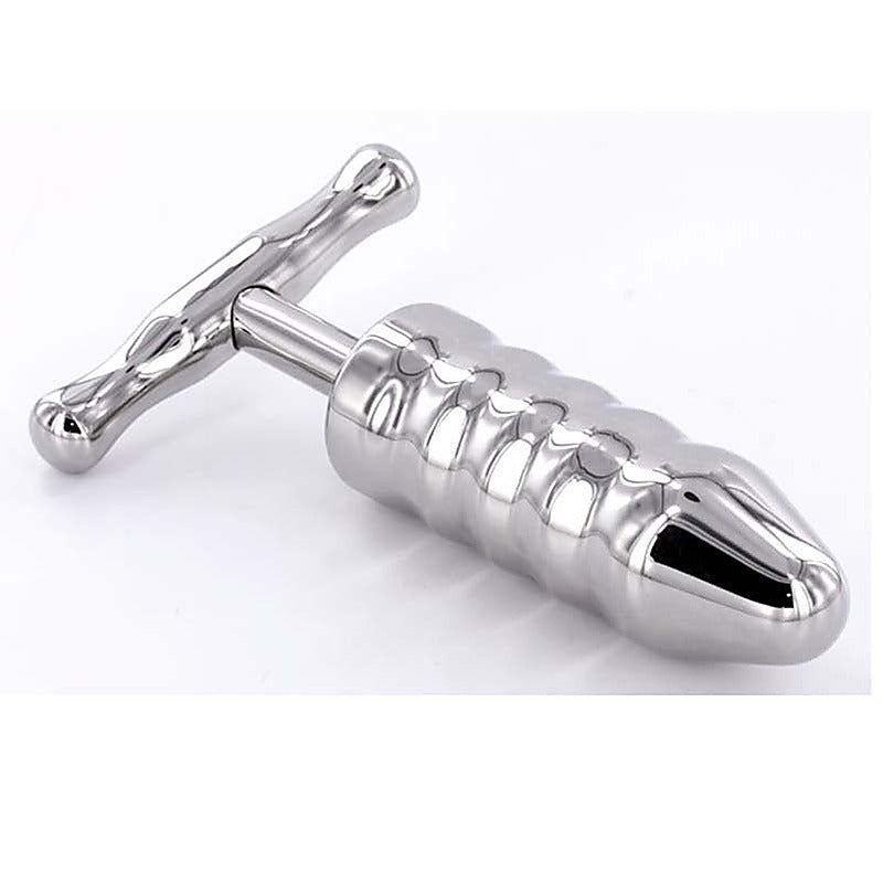 Steel Anal Rammer & T-Bar Handle 6 Rings by Hell's Couture - Steel Sex Toys