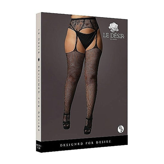 Fishnet and Lace Garterbelt Stockings - Black - Hosiery