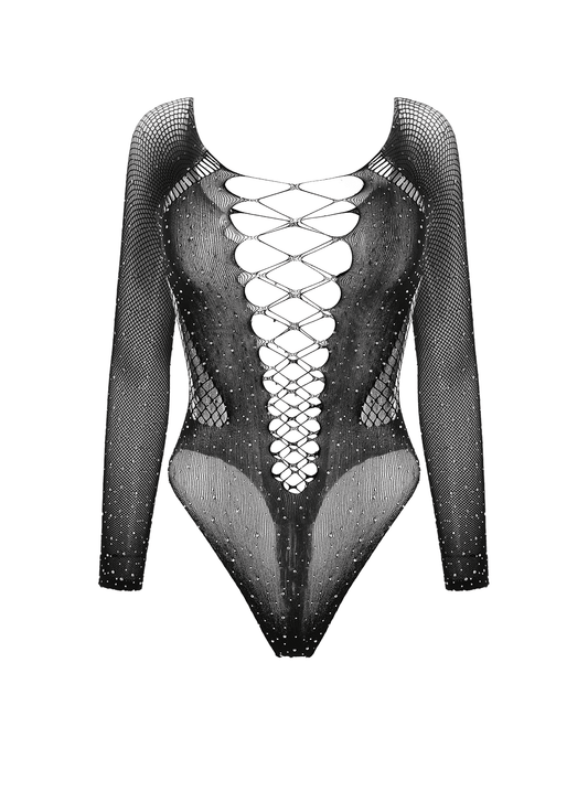 Love In Leather Rhinestone Sexy Womens Bodysuit Black Teddies and Bodysuits