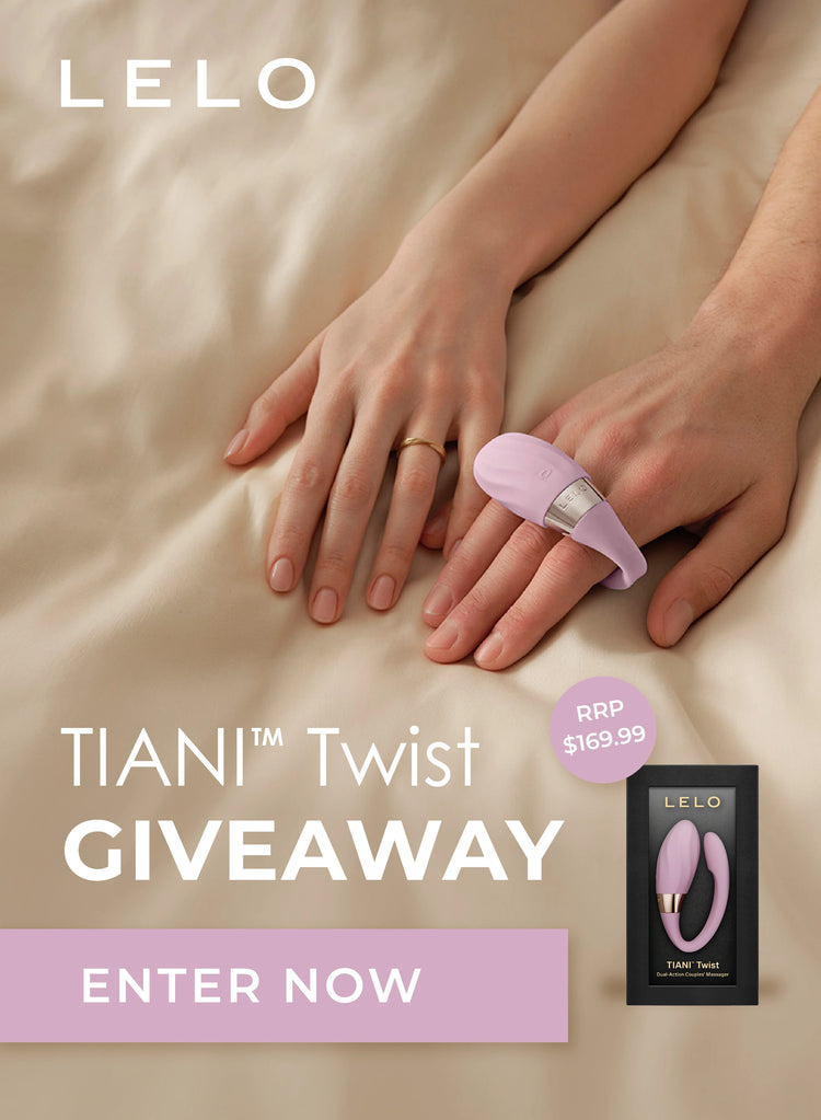 LELO TIANI Twist product with hands on a beige background, promoting a giveaway.