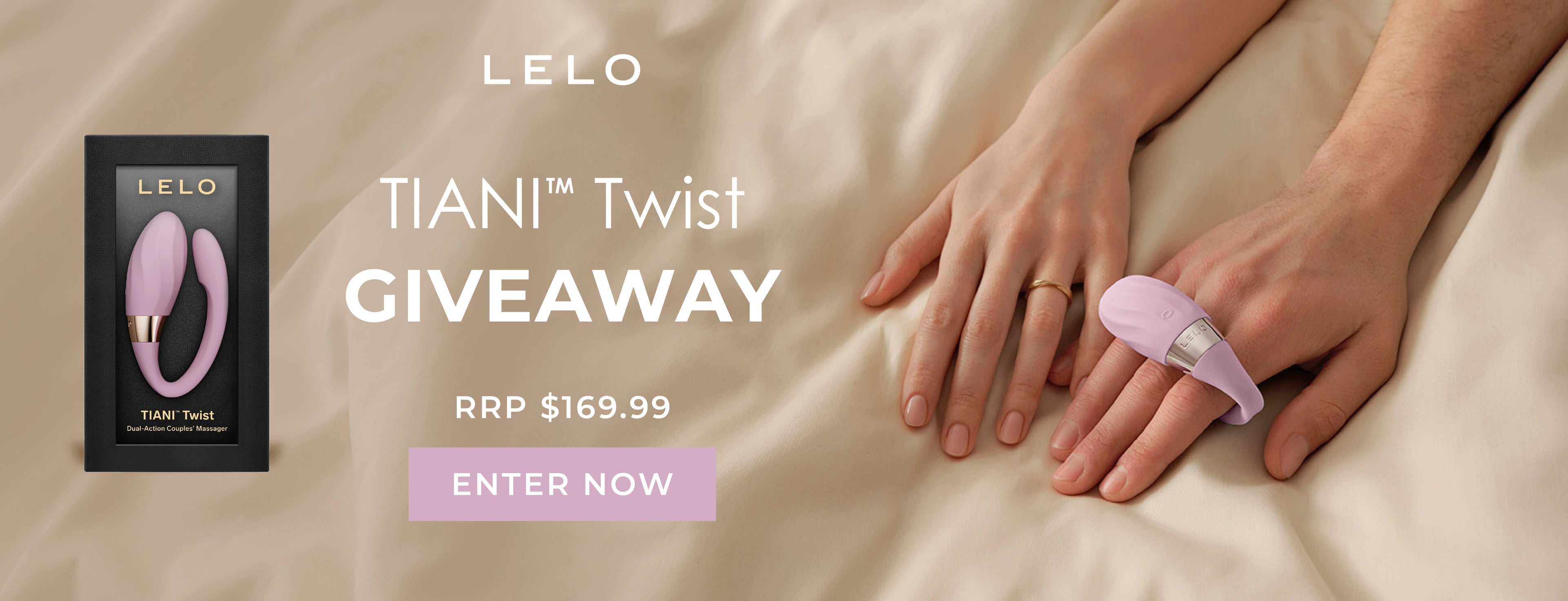 LELO TIANI Twist product with hands on a beige background, promotional text overlay.