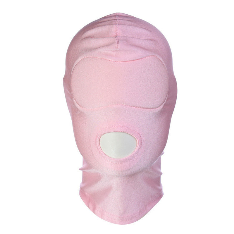 Spandex Open Mouth Hood With Padded Blindfold Pink Bondage Hoods