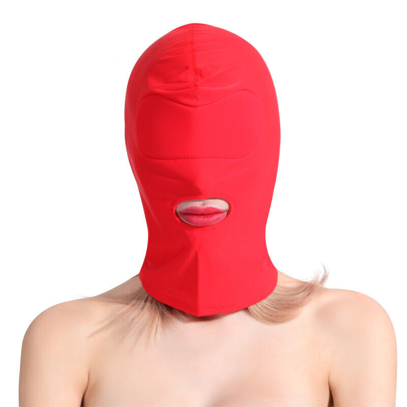 Spandex Open Mouth Hood With Padded Blindfold Red Bondage Hoods