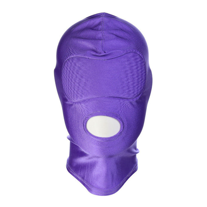 Spandex Open Mouth Hood With Padded Blindfold Purple Bondage Hoods