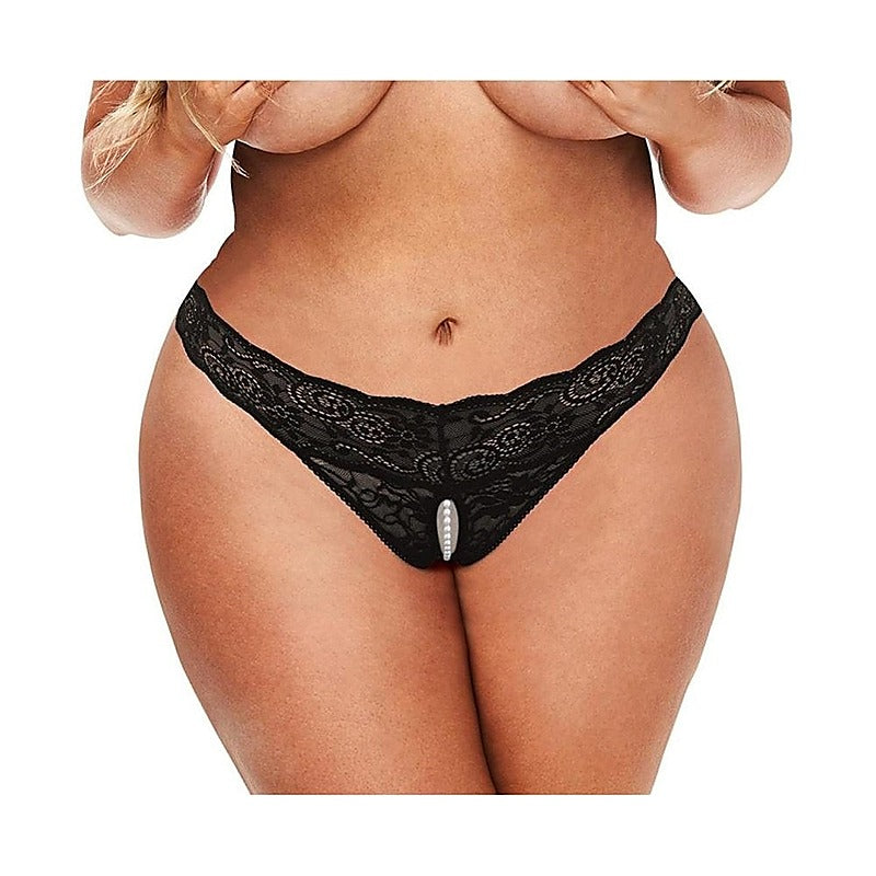 Secret Kisses Lace & Pearls Crotchless Thong Black - G-Strings, Panties and Shorts