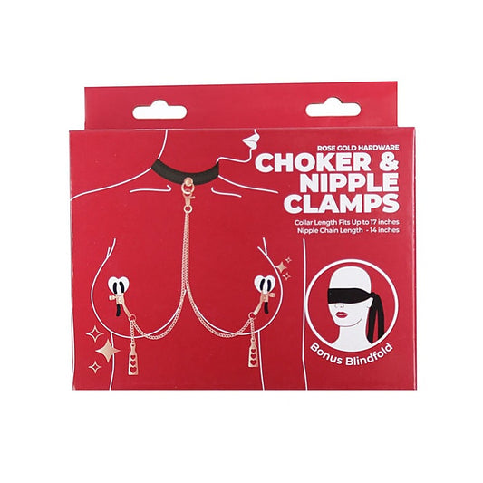 BMS Factory Punishment Rose Gold Choker and Nipple Clamps - Collars and Leads
