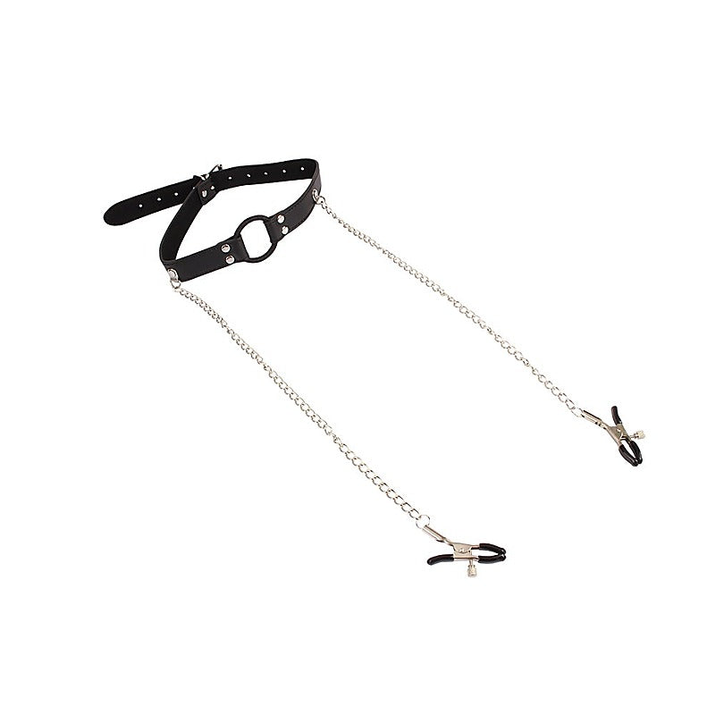 Chisa Breathable O-ring Gag with Nipple Clamps - Bondage Gags and Bits