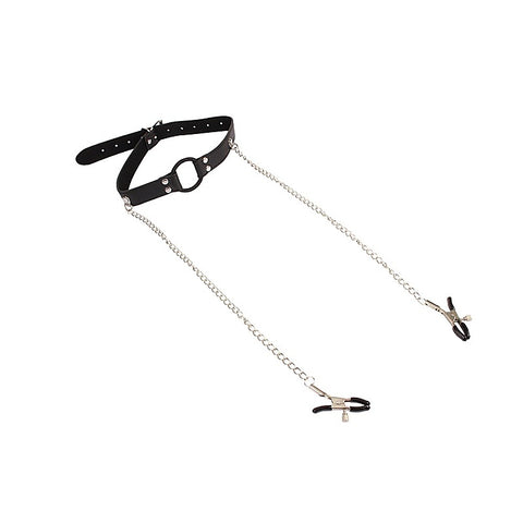 Chisa Breathable O-ring Gag with Nipple Clamps - Bondage Gags and Bits