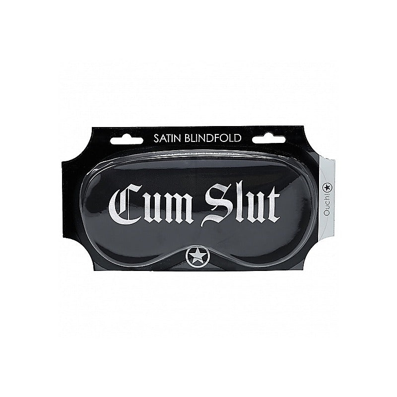OUCH! Satin Cum Slut Printed Bondage Mask by Shots Toys - Masks And Blindfolds