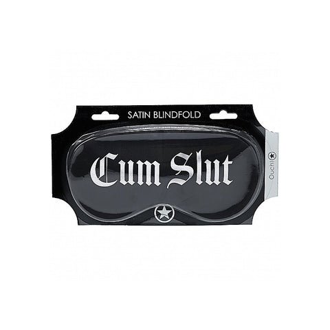 OUCH! Satin Cum Slut Printed Bondage Mask by Shots Toys - Masks And Blindfolds