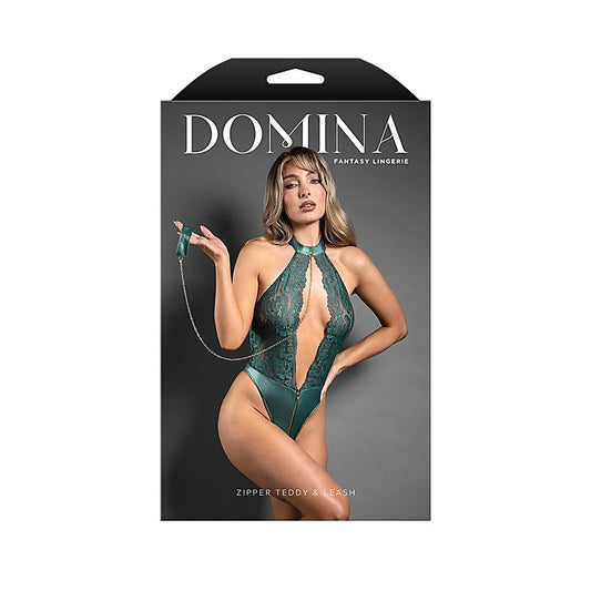 Fantasy Lingerie DOMINA Womens Zipper Teddy & Leash Green - Her Fetish