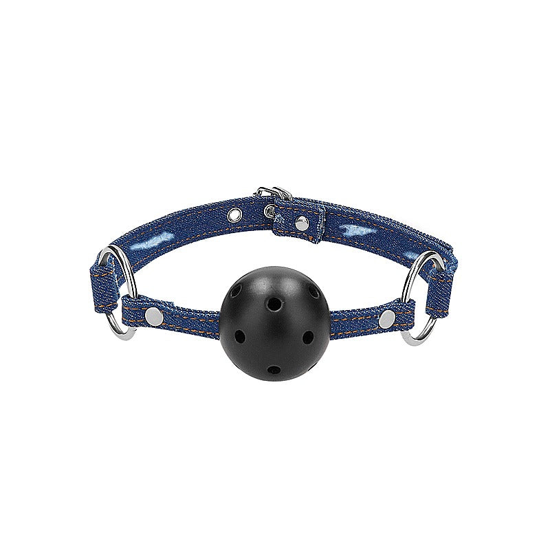 Shots Toys Breathable Ball Gag with Roughend Denim Straps - Bondage Gags and Bits