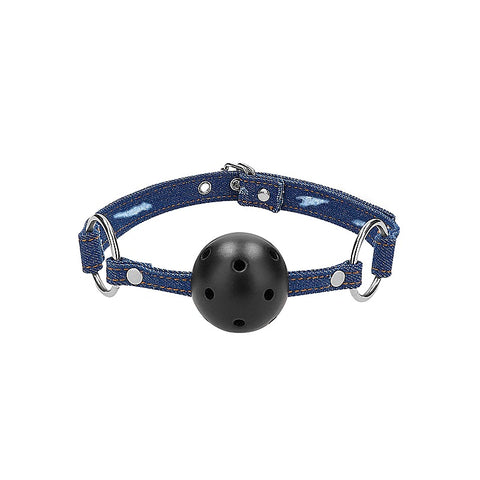 Shots Toys Breathable Ball Gag with Roughend Denim Straps - Bondage Gags and Bits