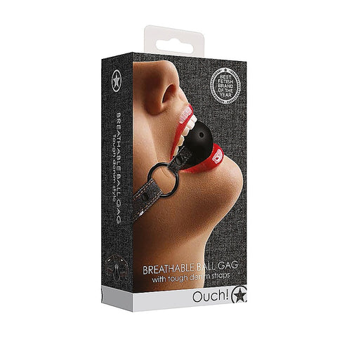 Shots Toys Breathable Ball Gag with Roughend Denim Straps - Bondage Gags and Bits