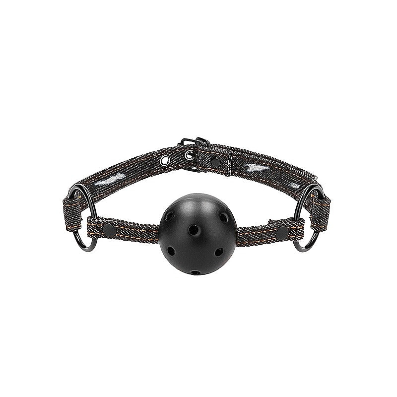 Shots Toys Breathable Ball Gag with Roughend Denim Straps - Bondage Gags and Bits