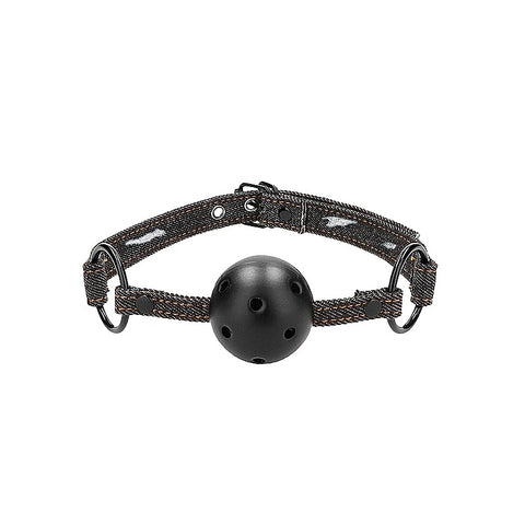 Shots Toys Breathable Ball Gag with Roughend Denim Straps - Bondage Gags and Bits