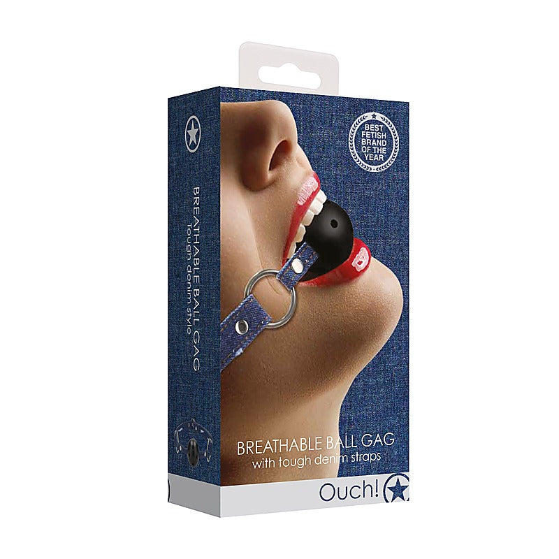 Shots Toys Breathable Ball Gag with Roughend Denim Straps - Bondage Gags and Bits