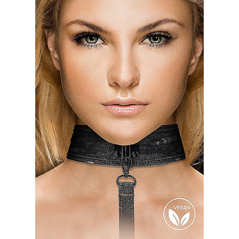 Denim Style Bondage Collar With Leash by Shots Toys - Collars and Leads