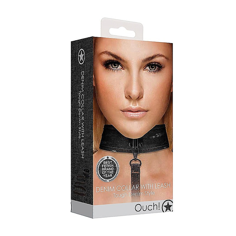 Denim Style Bondage Collar With Leash by Shots Toys - Collars and Leads
