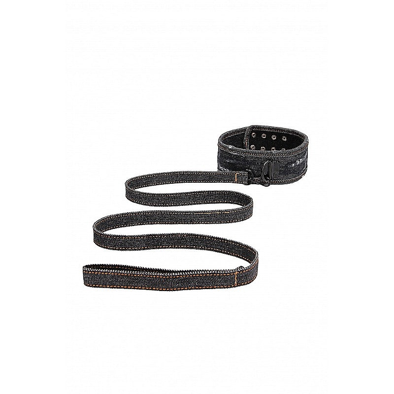 Denim Style Bondage Collar With Leash by Shots Toys - Collars and Leads