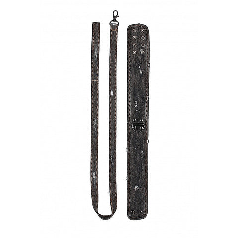 Denim Style Bondage Collar With Leash by Shots Toys - Collars and Leads