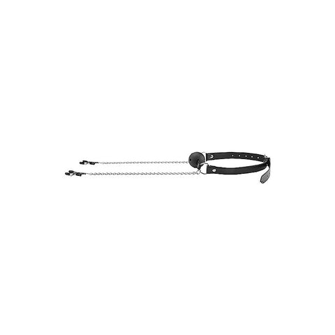 Breathable Bondage Ball Gag With Nipple Clamps by Shots Toys - Bondage Gags and Bits