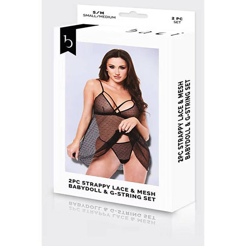 2 Piece Strappy Lace & Mesh Babydoll & G-String Set - Babydolls and Chemises