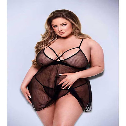 2 Piece Strappy Lace & Mesh Babydoll & G-String Set - Babydolls and Chemises