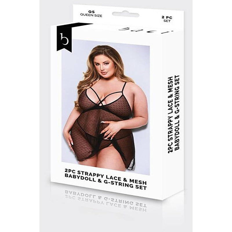 2 Piece Strappy Lace & Mesh Babydoll & G-String Set - Babydolls and Chemises